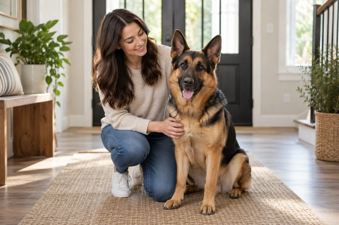 Owner sitting with a dog near a doorway