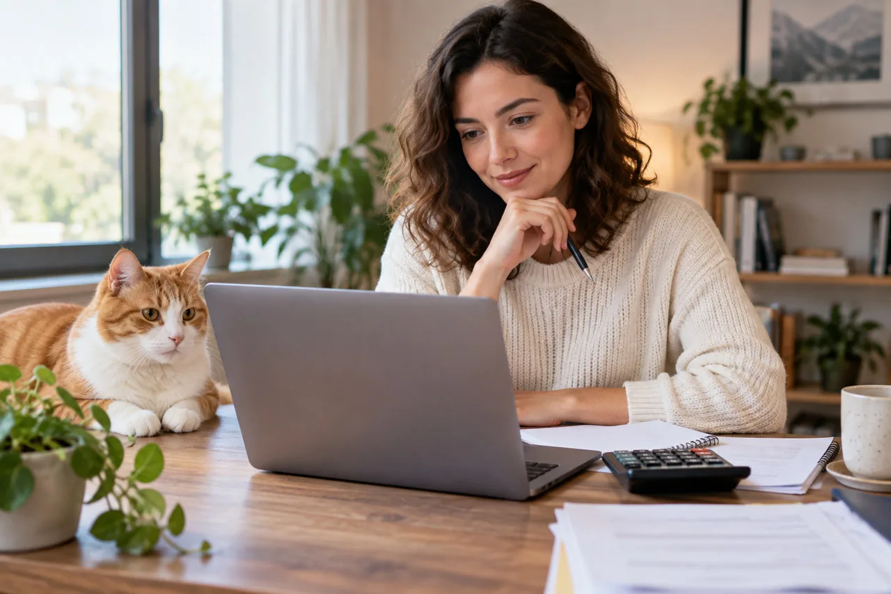 Owner reviewing a laptop beside a cat